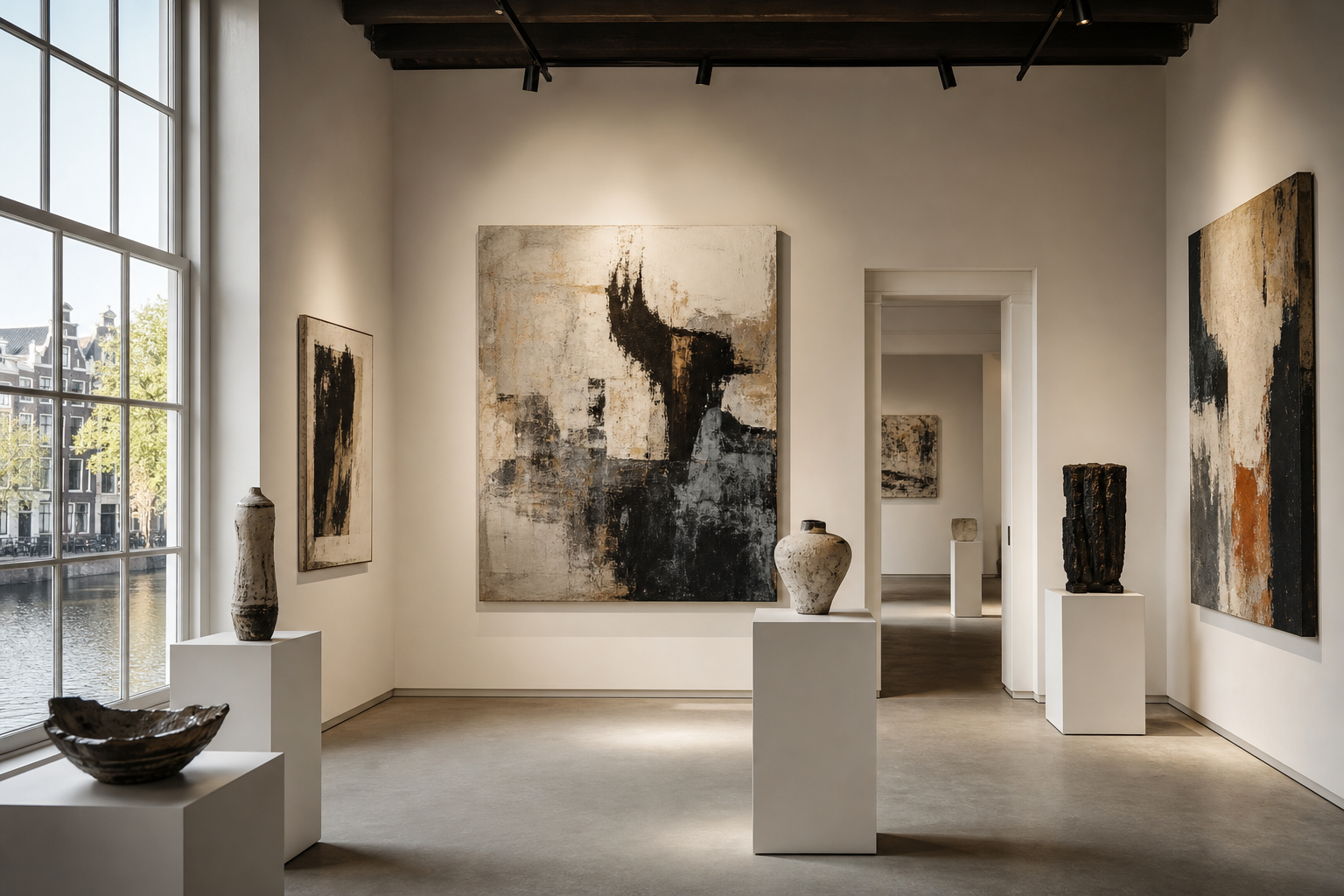 Nahar Art gallery interior with paintings and ceramic art pieces.